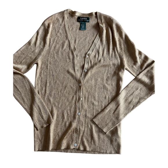 EUC Lauren Ralph Lauren Metallic Gold Ribbed Cardigan - Size M $150 - Picture 1 of 5